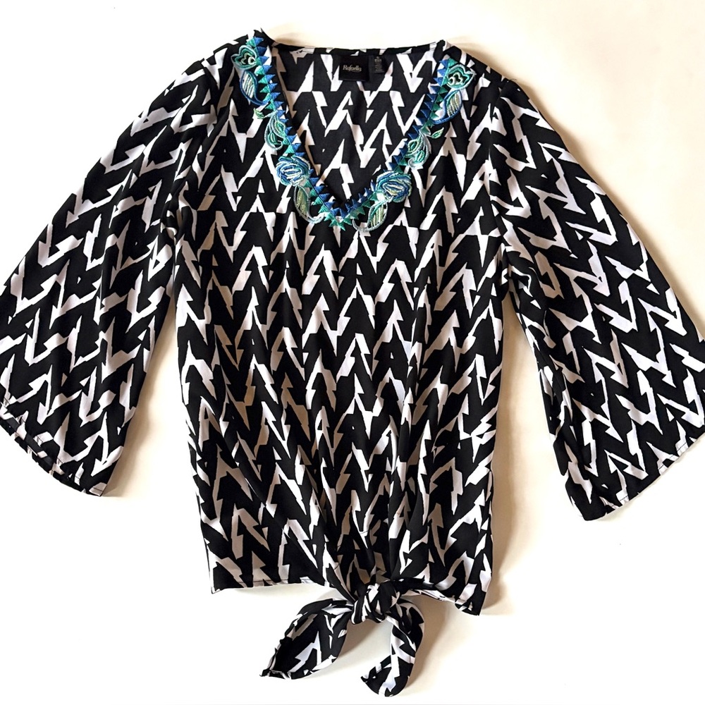 Rafaella Black & White Zigzag Tie-Hem Top with Blue-Green Embellished V-Neck